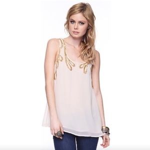 FOREVER 21 Natural & Gold Beaded Front Chiffon Tank Sz Small